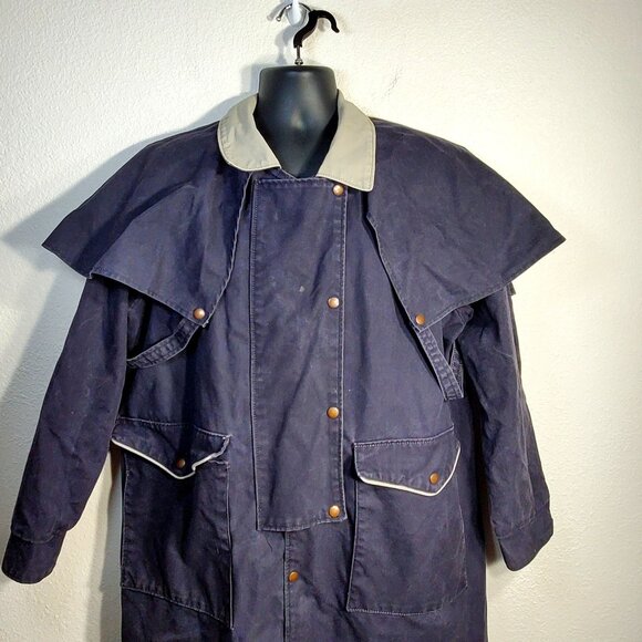 VTG Oilskin Full-Length Duster Coat With Cape Medium 100% Cotton Made In USA - Picture 5 of 16
